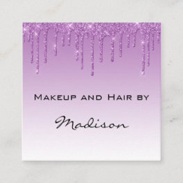 Glam Lilac Purple Glitter Drips Makeup Artist Square Business Card