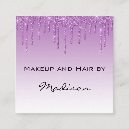 Glam Lilac Purple Glitter Drips Makeup Artist Square Business Card