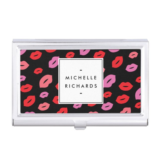 Glam Lip Print Makeup Artist Beauty Pink/Red/Black Business Card Holder (Front)