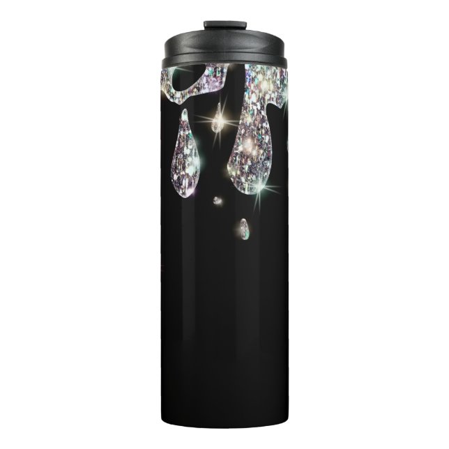 *~* Glam Luxe Girly Drip Rainbow GLITTER Black Thermal Tumbler (Front)
