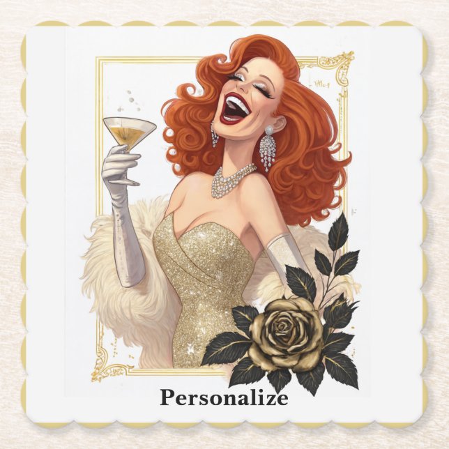 Glam Luxe Party Glamour Diva in Gold Personalize Paper Coaster (Front)
