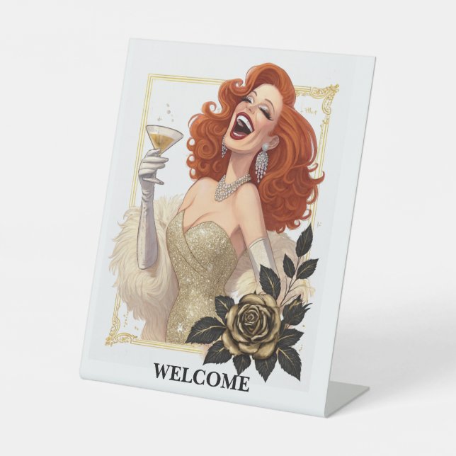 Glam Luxe Party Glamour Diva in Gold Personalize Pedestal Sign (Front)