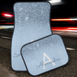 Glam Luxury Ice Blue Glitter Sparkle Monogram Car Floor Mat