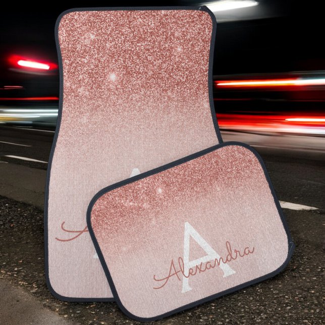 Glam Luxury Rose Gold Glitter Sparkle Monogram Car Floor Mat (Creator Uploaded)