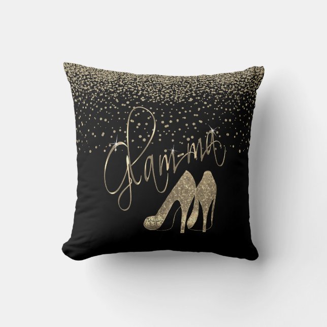 Glam-ma Black and Gold Glitter Throw Pillow (Front)