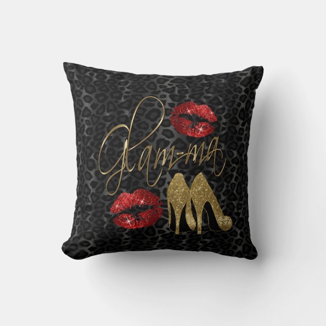 Glam-ma Red Glitter Lips XOXO - Leopard and Heels Throw Pillow (Front)