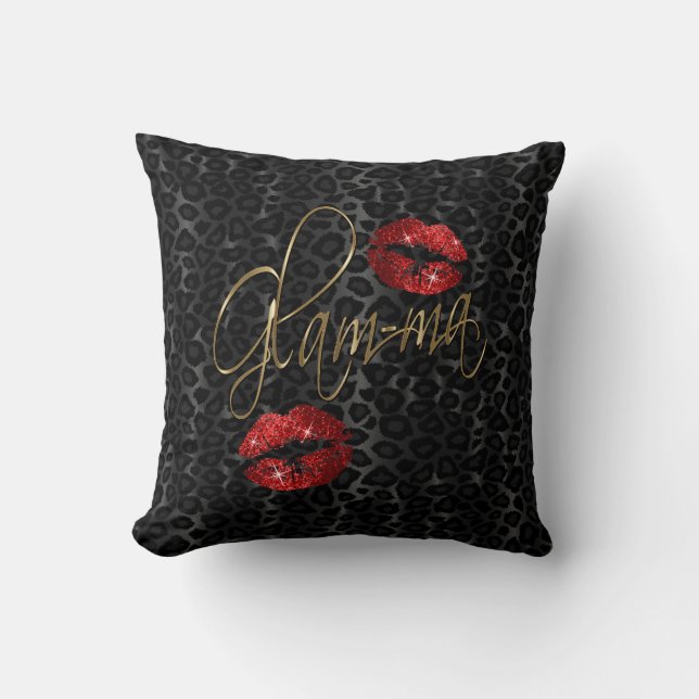 Glam-ma Red Glitter Lips XOXO - Leopard Throw Pillow (Front)