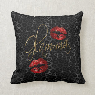 Glam-ma Red Glitter Lips XOXO - Leopard Throw Pillow