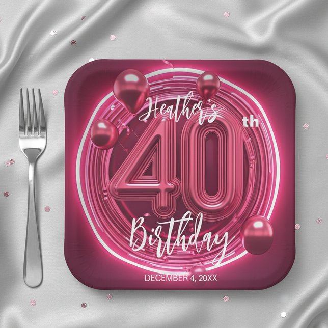 Glam Magenta Neon Pink 40th Birthday Celebration Paper Plates (Creator Uploaded)