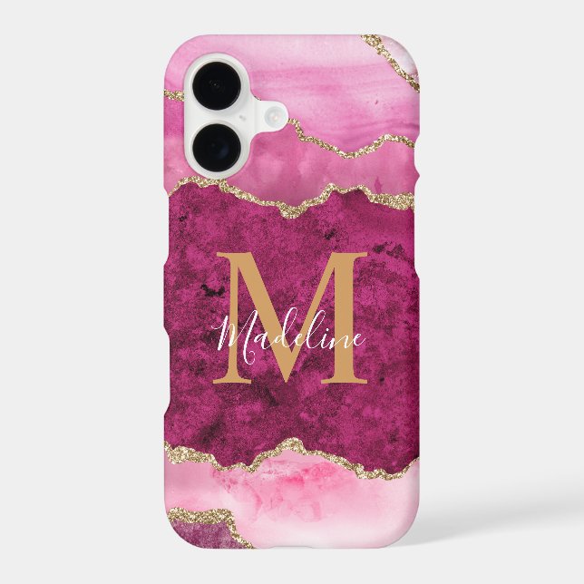 Glam Magenta Pink Gold Agate Geode Monogram iPhone Case (Back)