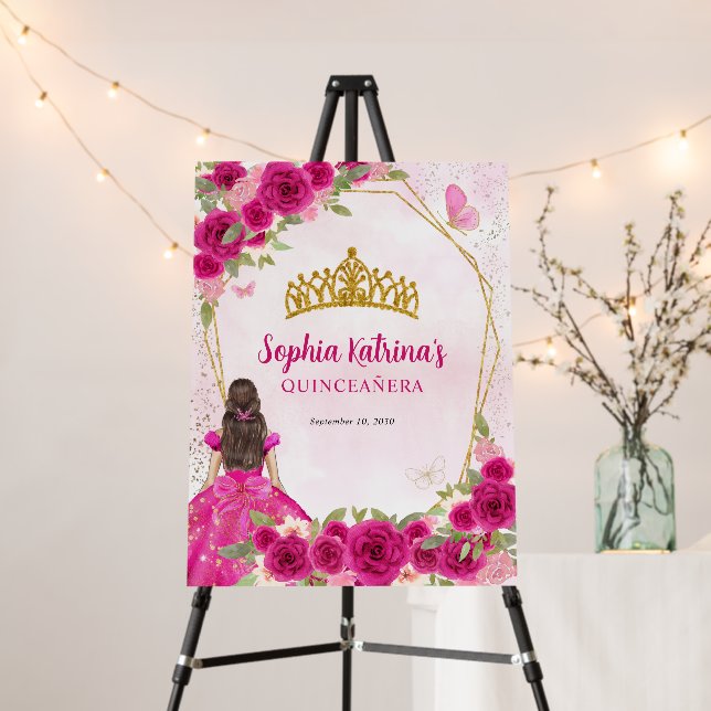 Glam Magenta Pink Gold Floral Princess Quinceañera Foam Board (In Situ (Stand))