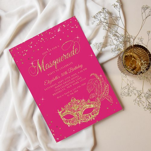Glam Magenta Pink Gold Glitter Masquerade Birthday Invitation