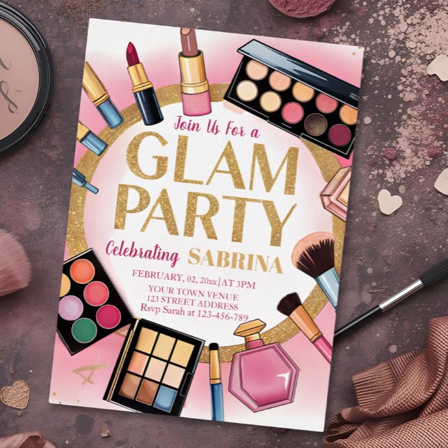 glam makeup birthday party blush pink  foil invita invitation (Creator Uploaded)