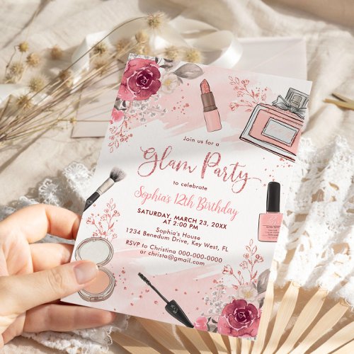 Glam Makeup Birthday Party Blush Pink Spa Party Invitation