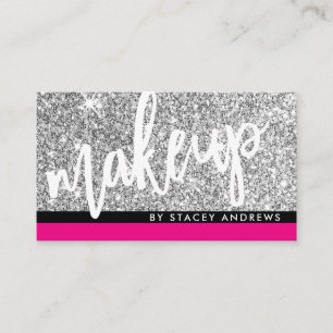 GLAM MAKEUP brush script silver glitter pink black Business Card