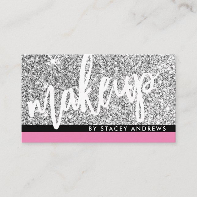 GLAM MAKEUP brush script silver glitter pink black Business Card (Front)
