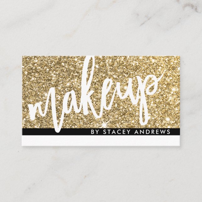 GLAM MAKEUP cute brush lettered gold glitter black Business Card (Front)