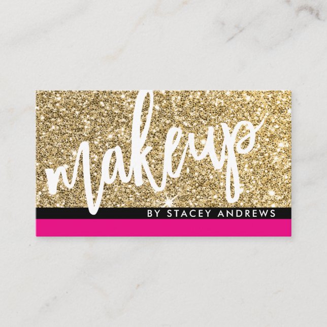 GLAM MAKEUP cute brush lettered gold glitter pink Business Card (Front)