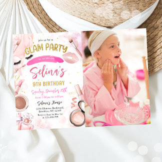 Glam Makeup Girl Birthday Pink Spa Party Photo Invitation