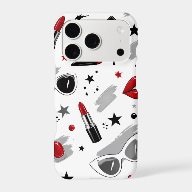 Glam Makeup Pattern | Red Lipstick & Sunglasses iPhone Case (Back)