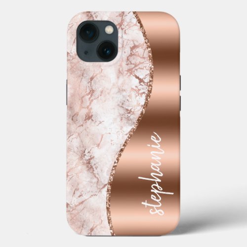 Glam Marble Pink Rose Gold Metallic Name  iPhone 13 Case