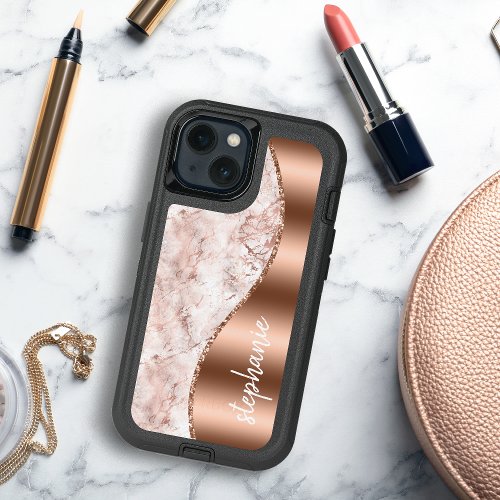 Glam Marble Pink Rose Gold Metallic Name iPhone 13 Case