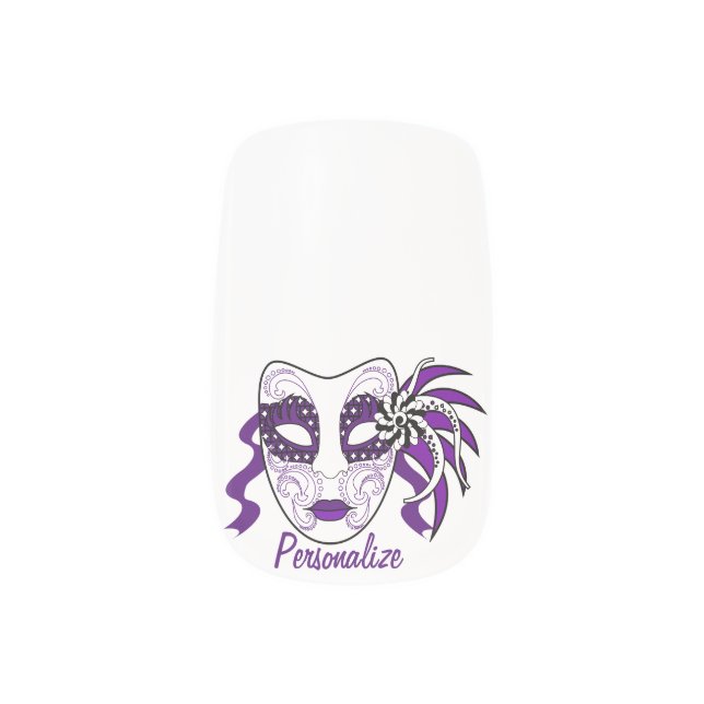 Glam Mardi Gras Mask Purple Ribbon Personalized Minx Nail Art (Left Thumb)