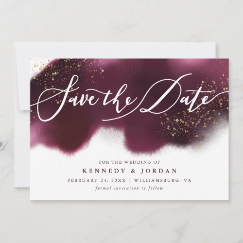 Glam Maroon and Gold Glitter Save The Date