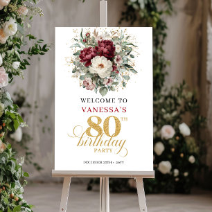 Glam Marsala Floral 80th Birthday Welcome Poster