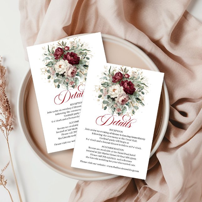 Glam Marsala Floral Eucalyptus Gold Wedding Info  Enclosure Card (Glam Marsala Floral Eucalyptus Gold Wedding Info Card)