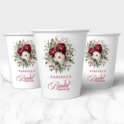 Glam Marsala Floral Gold Bridal Shower Paper Cups