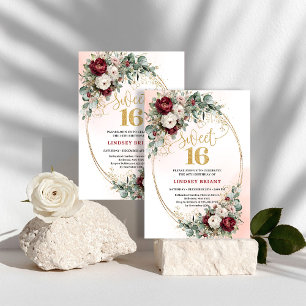 Glam Marsala Peony Gold Sweet Sixteen Birthday  Invitation