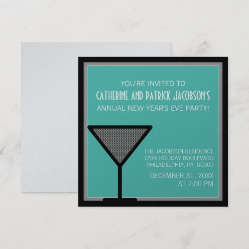 Glam Martini New Year's Invite, Teal