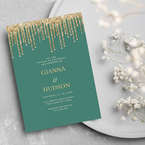 Glam mauve green gold glitter drips wedding  invitation