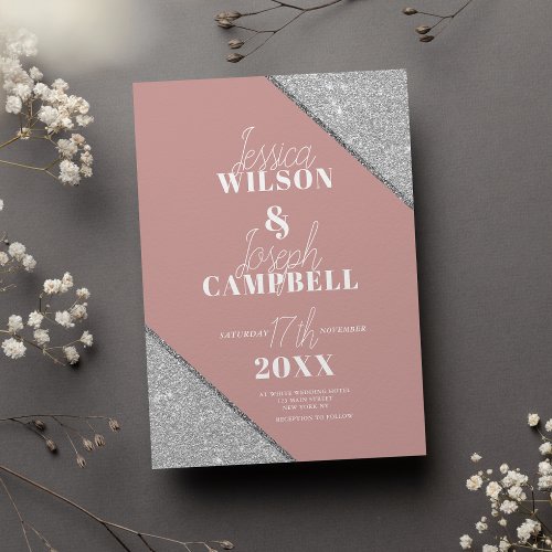 Glam mauve pink silver glitter typography wedding invitation