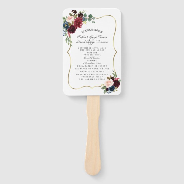 Glam Merlot Navy Blue Floral Wedding Program Hand Fan (Front)