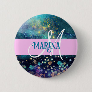 Glam Mermaid Aqua Gold Glitter Sparkles Monogram Button