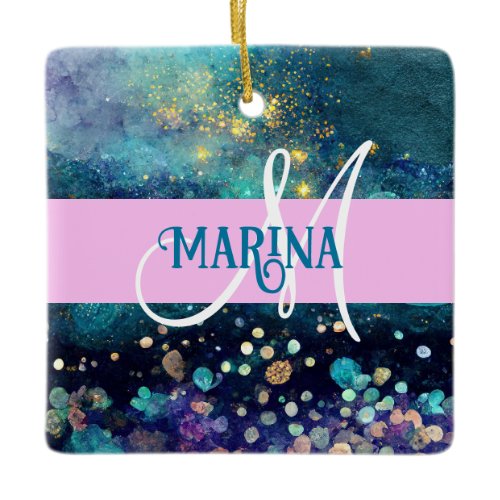 Glam Mermaid Aqua Gold Glitter Sparkles Monogram Ceramic Ornament