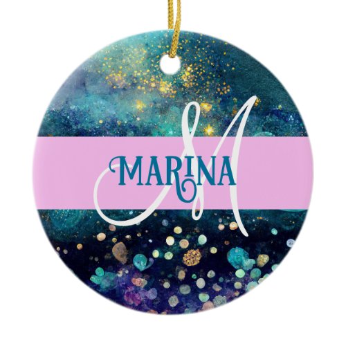 Glam Mermaid Aqua Gold Glitter Sparkles Monogram Ceramic Ornament