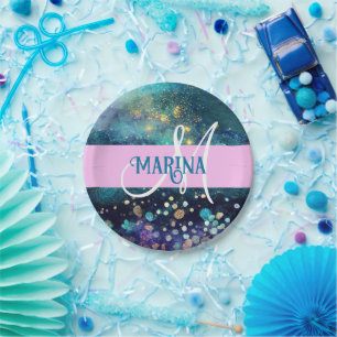 Glam Mermaid Aqua Gold Glitter Sparkles Monogram Paper Plates