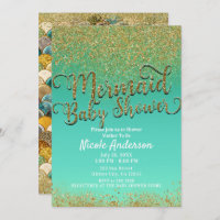 Glam Mermaid Baby Shower Gold Glitter & Teal Invitation