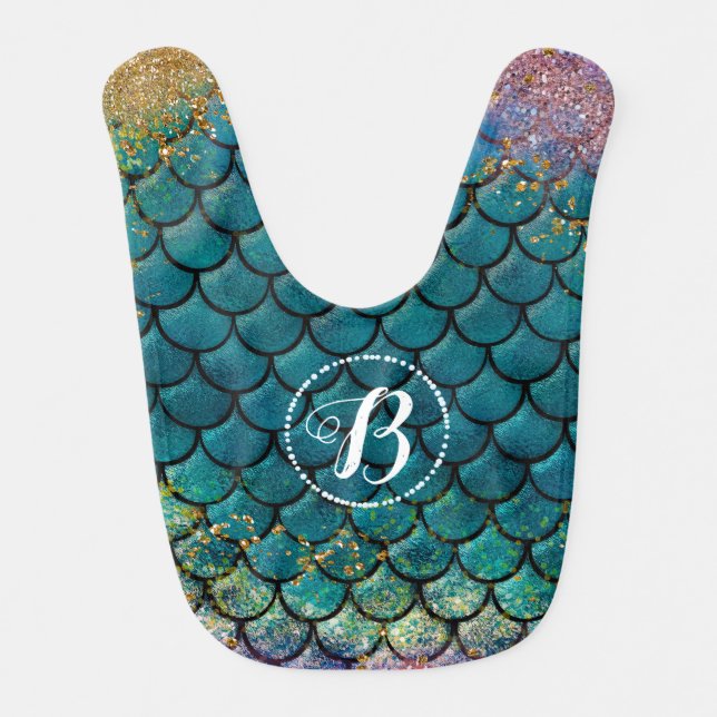 Glam Mermaid Fish Scales Teal Purple Gold Sparkle Baby Bib (Front)