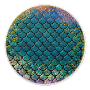 Glam Mermaid Fish Scales Teal Purple Gold Sparkle Ceramic Knob