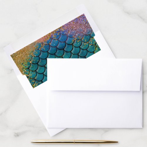 Glam Mermaid Fish Scales Teal Purple Gold Sparkle Envelope Liner