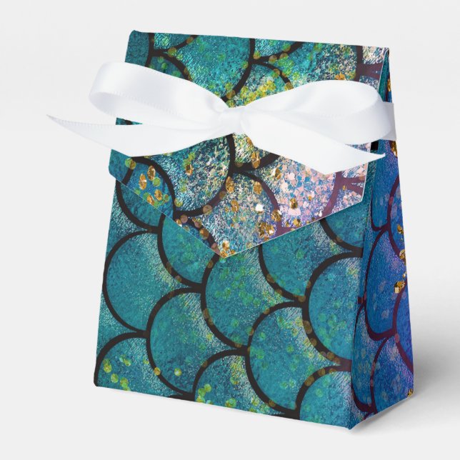 Glam Mermaid Fish Scales Teal Purple Gold Sparkle Favor Boxes (Front Side)
