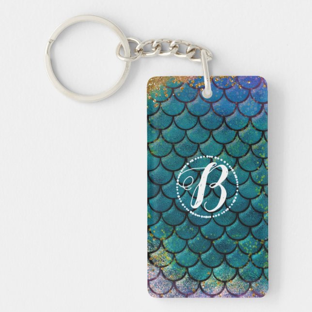 Glam Mermaid Fish Scales Teal Purple Gold Sparkle Keychain (Front)