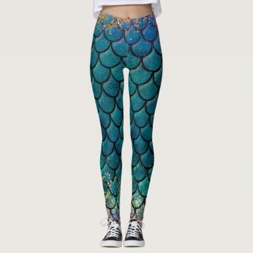 Glam Mermaid Fish Scales Teal Purple Gold Sparkle Leggings