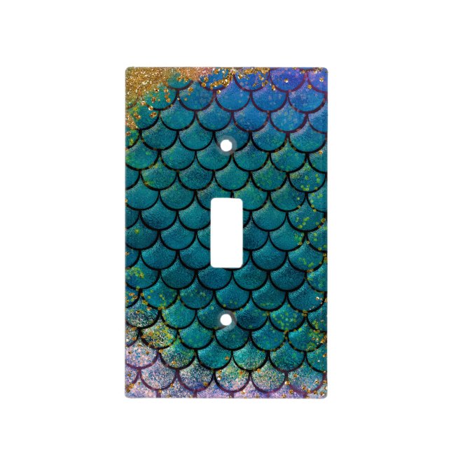 Glam Mermaid Fish Scales Teal Purple Gold Sparkle Light Switch Cover (Front)