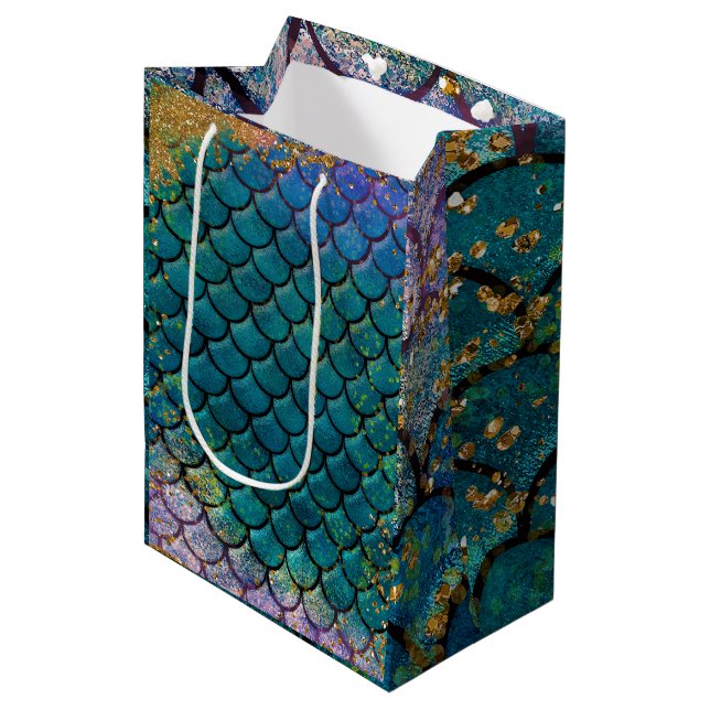 Glam Mermaid Fish Scales Teal Purple Gold Sparkle Medium Gift Bag (Front Angled)