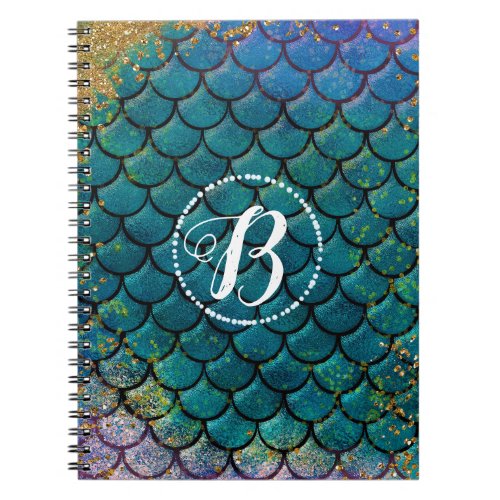 Glam Mermaid Fish Scales Teal Purple Gold Sparkle Notebook